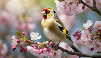 ai gegenereerd een levendig distelvink neergestreken Aan een bloeiend kers bloesem tak, presentatie van de harmonie van dieren in het wild in voorjaar foto