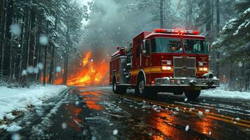 ai gegenereerd brand vrachtauto in de Woud gedurende een sneeuwstorm. brandweerlieden blussen een brand. foto