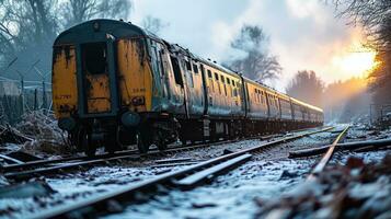 ai gegenereerd beschadigd trein beweegt langs de spoorweg sporen in de winter Bij zonsondergang. foto