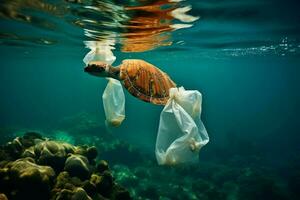 ai gegenereerd besparing zeeën plastic zak verontreiniging negatief beïnvloedt marinier leven ecosystemen foto