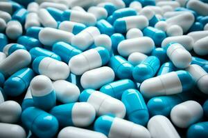 ai gegenereerd antibiotica drug concept blauw wit capsules Aan wit, farmaceutisch industrie thema foto