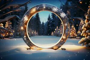 ai gegenereerd feestelijk 3d cirkel een kader achtergrond voor vieren de schoonheid van Kerstmis en nieuw jaar ai gegenereerd foto