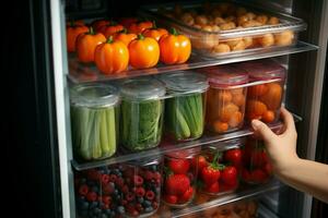 ai gegenereerd culinaire gemak extraheren een voedsel houder van de koelkast voor gemakkelijk toegang ai gegenereerd foto