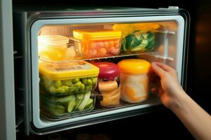 ai gegenereerd koelkast vind ophalen een voedsel houder van de koelkast voor een maaltijd ai gegenereerd foto