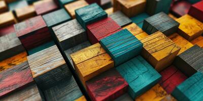 ai gegenereerd abstract blok stack houten 3d kubussen, kleurrijk hout structuur voor backdrop foto