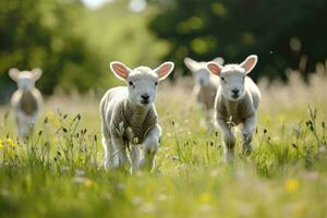 ai gegenereerd gelukkig lammeren rennen in de weide. foto