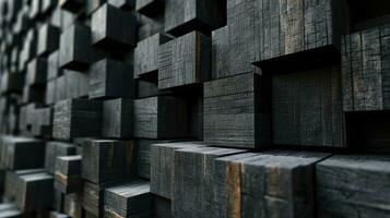 ai gegenereerd abstract blok stack houten 3d kubussen, zwart hout structuur voor backdrop foto