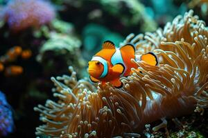 ai gegenereerd amphiprion Ocellaris clown vis en anemoon in zee. foto