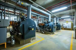 ai gegenereerd modern boiler kamer met gas- ketels, industrieel verwarming. foto