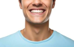 ai gegenereerd bijgesneden voor de helft gezicht portret van aantrekkelijk mannetje met gezond wit tanden foto