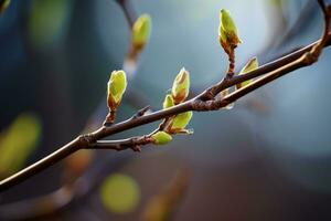 ai gegenereerd natuur achtergrond met wilg takje en gezwollen bloemknoppen foto