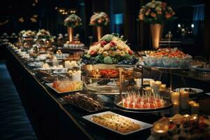 ai gegenereerd catering buffet voedsel Aan een lang tafel in een hotel restaurant foto