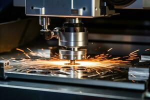 ai gegenereerd cnc laser snijdend van metaal, modern industrieel technologie foto