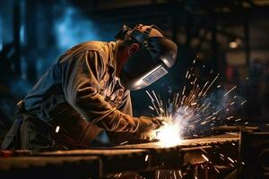 ai gegenereerd industrieel lasser met fakkel in de fabriek foto