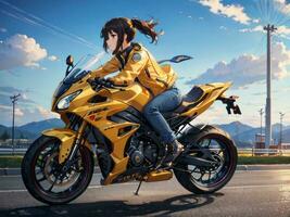 ai gegenereerd mooi geel jasje anime meisje rijden een motorfiets Aan gas- station achtergrond foto