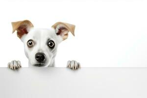 ai gegenereerd verrast hond met groot ogen op zoek van achter een wit kader foto