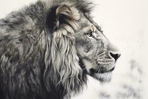 ai gegenereerd zwart en wit portret van een leeuw met een lang manen foto
