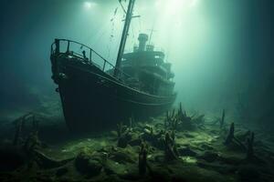 ai gegenereerd gezonken schip Bij de bodem van de oceaan foto