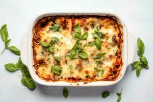 ai gegenereerd lasagne in een wit bakken schotel foto