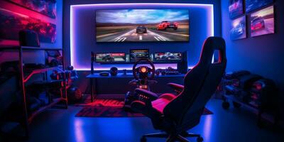 ai gegenereerd een gaming opstelling met een racing spel Aan de scherm, gaming stoel in de voorgrond, en ambient verlichting foto