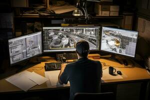 ai gegenereerd een ingenieur werken Aan bouwkundig plannen met dubbel monitoren, het opstellen van hulpmiddelen, en een moeilijk hoed Aan de bureau foto