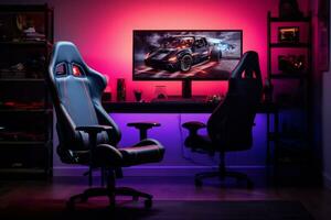 ai gegenereerd een gaming opstelling met een racing spel Aan de scherm, gaming stoel in de voorgrond, en ambient verlichting foto