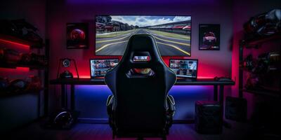 ai gegenereerd een gaming opstelling met een racing spel Aan de scherm, gaming stoel in de voorgrond, en ambient verlichting foto