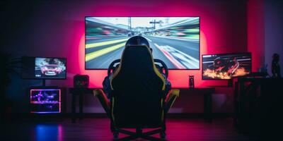 ai gegenereerd een gaming opstelling met een racing spel Aan de scherm, gaming stoel in de voorgrond, en ambient verlichting foto