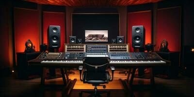 ai gegenereerd een professioneel muziek- studio met een groot menging troosten, computer monitoren, en studio monitoren foto