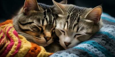 ai gegenereerd twee katten knuffelen Aan een deken foto