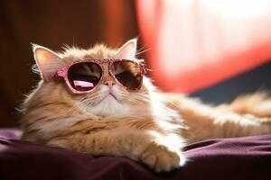 ai gegenereerd kat vervelend hart vormig zonnebril aan het liegen Aan een hoofdkussen foto