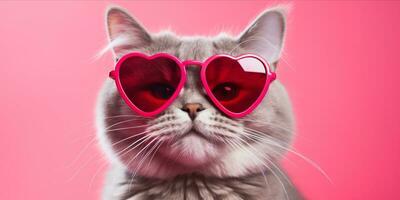 ai gegenereerd kat met hart vormig zonnebril Aan roze achtergrond foto