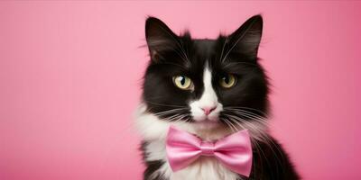 ai gegenereerd kat met roze boog stropdas Aan roze achtergrond foto
