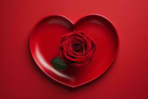 ai gegenereerd hart vormig bord en roos Aan rood achtergrond foto
