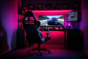 ai gegenereerd een gaming opstelling met een racing spel Aan de scherm, gaming stoel in de voorgrond, en ambient verlichting foto