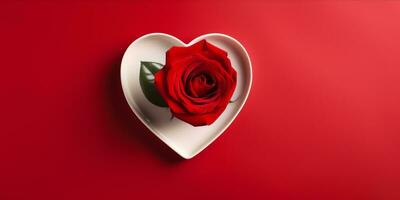 ai gegenereerd hart vormig bord en roos Aan rood achtergrond foto