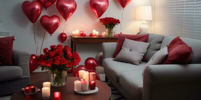 ai gegenereerd Valentijn dag themed leven kamer decor met hart vormig ballonnen, rozen, en rood kussens Aan een bankstel foto