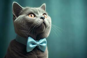 ai gegenereerd grijs kat met een rood boog stropdas op zoek omhoog foto