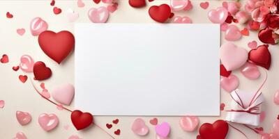 ai gegenereerd Valentijn themed samenstelling met blanco papier voor bericht foto