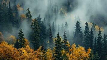 ai gegenereerd de land- van pijnboom bomen, regen Woud, de nevel, herfst mist foto