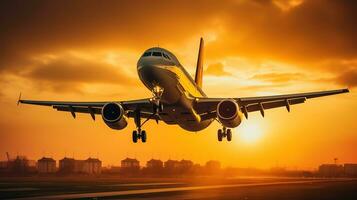 ai gegenereerd landen een vlak tegen een gouden lucht Bij zonsondergang. passagier vliegtuig vliegend omhoog in zonsondergang licht. op reis en bedrijf concept foto