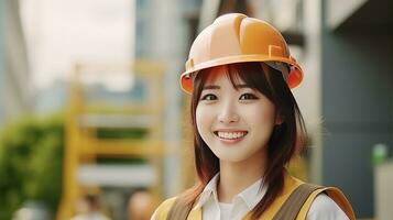 ai gegenereerd glimlach van mooi Japans bouw vrouw arbeider foto