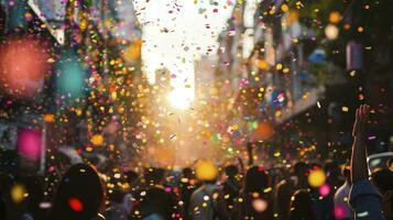 ai gegenereerd confetti vallend gedurende een festival of carnaval in de stad foto