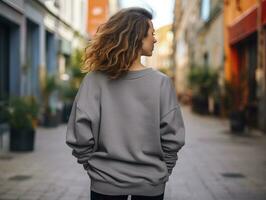 ai gegenereerd wandelen vrouw terug visie vervelend overmaats donker grijs vergulden foto