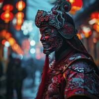 ai gegenereerd Chinese Mens met een Chinese nieuw jaar kostuum in een stad Bij de nacht. foto