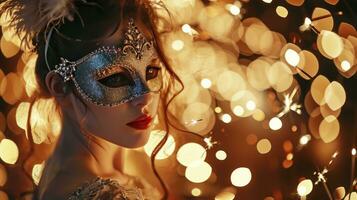 ai gegenereerd mooi jong vrouw in carnaval masker en elegant maskerade kostuum met veren en sterretjes in kleurrijk bokeh Aan zwart achtergrond. kerstmis, nieuw jaar, viering. foto