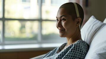 ai gegenereerd vrouw met een kaal hoofd in een ziekenhuis bed wereld kanker dag concept. foto