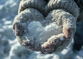 ai gegenereerd vrouw handen in gebreid wanten met hart van sneeuw in winter dag. liefde concept. Valentijn dag achtergrond. foto