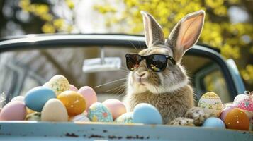ai gegenereerd schattig Pasen konijn met zonnebril op zoek uit van een auto gearchiveerd met Pasen eieren foto