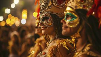 ai gegenereerd braziliaans carnaval. paar in kostuum genieten van de carnaval partij in de stad foto